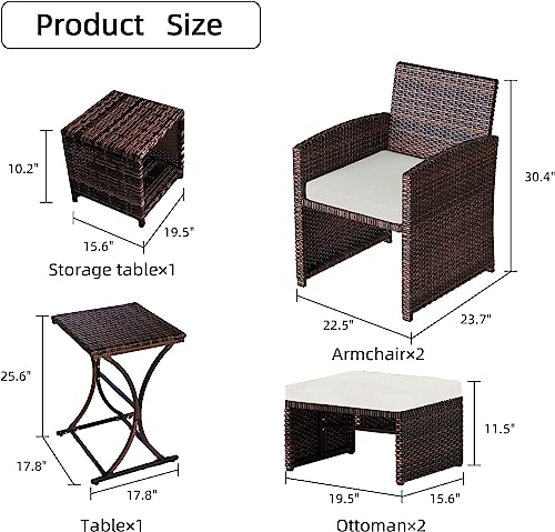 Esmlada 6 Piece Patio Furniture Conversation Set with Ottoman, Outdoor Brown Wicker Chair and Table Set with Beige Cushion, Balcony Furniture for Apartments. (Brown)