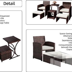 Esmlada 6 Piece Patio Furniture Conversation Set with Ottoman, Outdoor Brown Wicker Chair and Table Set with Beige Cushion, Balcony Furniture for Apartments. (Brown)