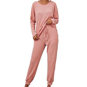 sruiluo two piece comfy pjs sets crewneck knitted long sleeve sleepshirt and drawstring cinch bottom pants casual homewear pink