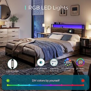 LINSY Queen Bed Frame with 4 Drawers & Headboard, Bed Frame with RGB Lights & Fast Charger, Fast Assembly Bed Frame Queen Size with Storage, No Box Spring Needed, Greige