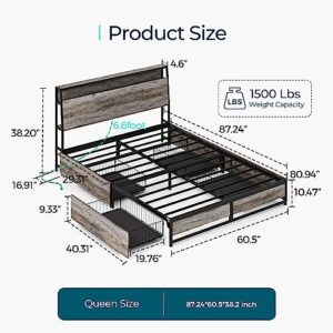 LINSY Queen Bed Frame with 4 Drawers & Headboard, Bed Frame with RGB Lights & Fast Charger, Fast Assembly Bed Frame Queen Size with Storage, No Box Spring Needed, Greige