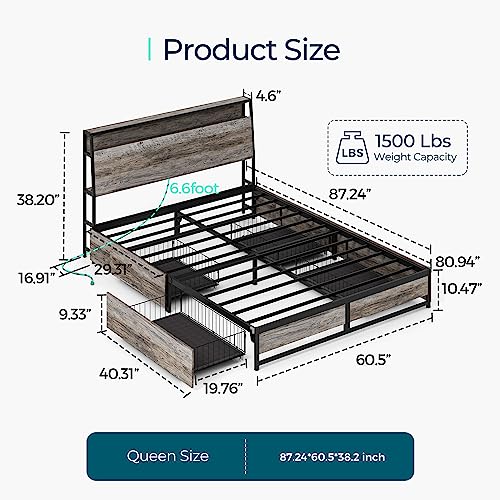 LINSY Queen Bed Frame with 4 Drawers & Headboard, Bed Frame with RGB Lights & Fast Charger, Fast Assembly Bed Frame Queen Size with Storage, No Box Spring Needed, Greige