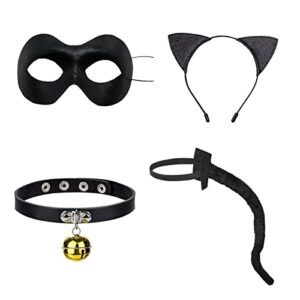 pucapoco black cat costume for kids adults 4pcs black cat ears headband tail eye cover bell choker cartoon cat cosplay accessories for halloween masquerade party