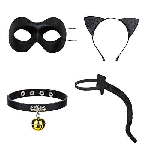 PUCAPOCO Black Cat Costume for Kids Adults 4PCS Black Cat Ears Headband Tail Eye Cover Bell Choker Cartoon Cat Cosplay Accessories for Halloween Masquerade Party