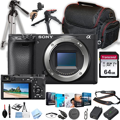 Sony a6400 Mirrorless Digital Camera Body Only (No Lens) + 64GB Memory + Case+ Steady Grip Pod + Tripod+ Software Pack + More (30pc Bundle) (Renewed)