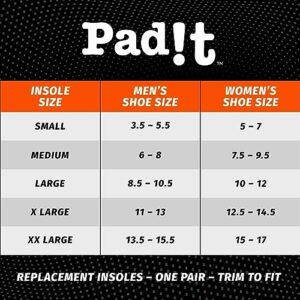 Pad!t Performance Insoles, EVA Foam Replacement for Sneakers, Boots, Flats, Cleats, and More, Shock Absorption and Balance Improvement, Washable - One Pair, Trim to Fit, X-Large