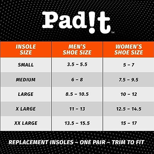 Pad!t Performance Insoles, EVA Foam Replacement for Sneakers, Boots, Flats, Cleats, and More, Shock Absorption and Balance Improvement, Washable - One Pair, Trim to Fit, X-Large