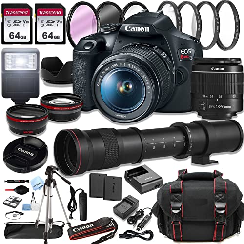 Canon EOS Rebel T7 DSLR Camera w/EF-S 18-55mm F/3.5-5.6 Zoom Lens + 420-800mm Super Telephoto Lens + 128GB Memory + Case + Tripod + Filters (40pc Pro-Bundle) (Renewed)