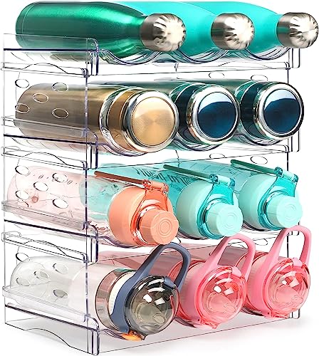 Water Bottle Organizer - 4 Pack Stackable Cup Organizer for Cabinet, Countertop, Pantry and Fridge, Free-Standing Tumbler Kitchen Storage Holder for Wine and Drink Bottles, Clear Plastic