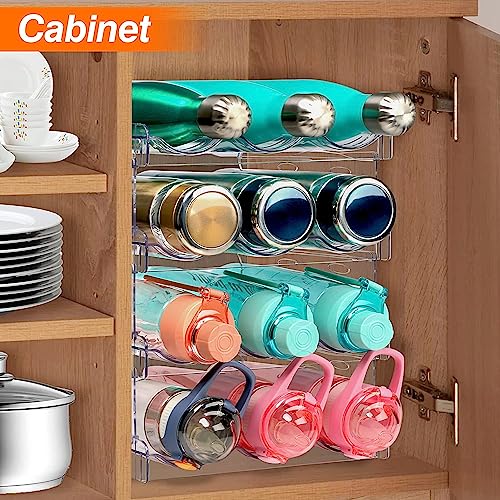 Water Bottle Organizer - 4 Pack Stackable Cup Organizer for Cabinet, Countertop, Pantry and Fridge, Free-Standing Tumbler Kitchen Storage Holder for Wine and Drink Bottles, Clear Plastic