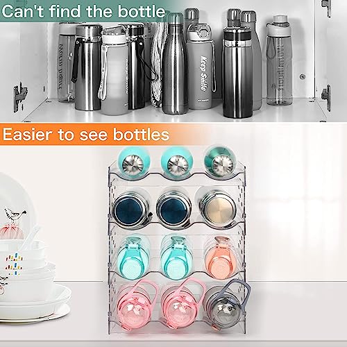 Water Bottle Organizer - 4 Pack Stackable Cup Organizer for Cabinet, Countertop, Pantry and Fridge, Free-Standing Tumbler Kitchen Storage Holder for Wine and Drink Bottles, Clear Plastic