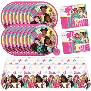 unique barbie party decorations | serves 16 guests | officially licensed | barbie birthday decorations | barbie birthday party supplies | barbie tablecover, plates, napkins, button