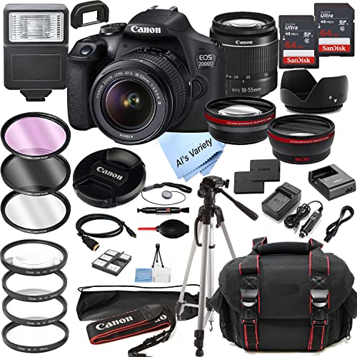 Canon EOS 2000D (Rebel T7) DSLR Camera w/EF-S 18-55mm F/3.5-5.6 Zoom Lens + 128GB Memory + Case + Tripod + Filters (36pc Bundle) (Renewed)