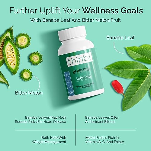 Berberine Supplement 1000mg Potent Botanical Capsules for Weight Management Support with Bitter Melon Fruit and Banaba Leaf Extract - Berberine HCl from Indian Barberry Extract - 30 Servings -Thinbi