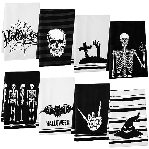 Preboun 8 Pcs Halloween Kitchen Towel Gothic Kitchen Dish Towels 16 x 28 Inch Fiber Absorbent Towel Skull Tea Towel for Halloween Kitchen Decoration Accessories