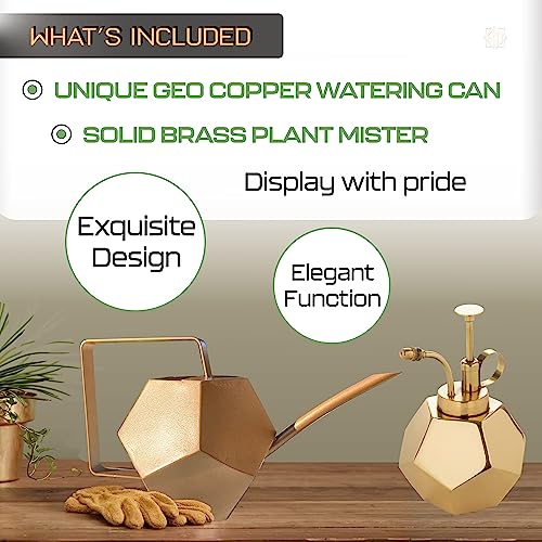 Copper Watering Can with Long Spout + Brass Plant Mister Sprayer for Houseplants Succulents Airplants