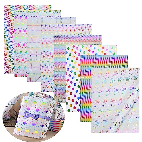 Birthday Wrapping Paper Sheets, 8 Sheets Gift Wrapping Paper with 8 Different Colorful Designs for Birthday,Bridal Baby Shower, Weddings, Graduations, Christmas, Women, Men, Boy, Girls.