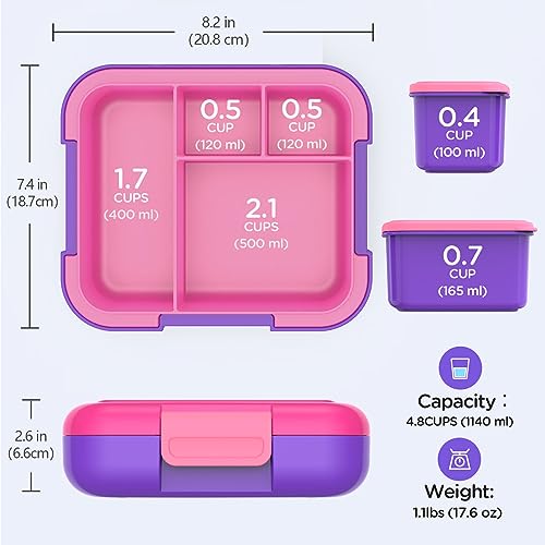 Caperci Bento Lunch Box for Kids - Large 4.8 Cups Lunch Container with 2 Modular Containers - 4 Compartments, Leak-Proof, Portable Handle, Microwave/Dishwasher Safe (Fuchsia/Purple)