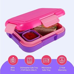 Caperci Bento Lunch Box for Kids - Large 4.8 Cups Lunch Container with 2 Modular Containers - 4 Compartments, Leak-Proof, Portable Handle, Microwave/Dishwasher Safe (Fuchsia/Purple)