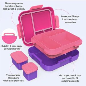 Caperci Bento Lunch Box for Kids - Large 4.8 Cups Lunch Container with 2 Modular Containers - 4 Compartments, Leak-Proof, Portable Handle, Microwave/Dishwasher Safe (Fuchsia/Purple)