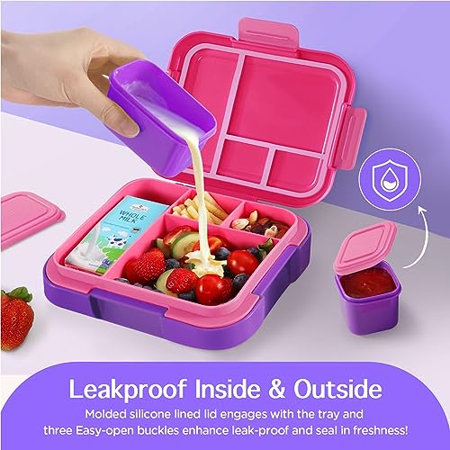 Caperci Bento Lunch Box for Kids - Large 4.8 Cups Lunch Container with 2 Modular Containers - 4 Compartments, Leak-Proof, Portable Handle, Microwave/Dishwasher Safe (Fuchsia/Purple)