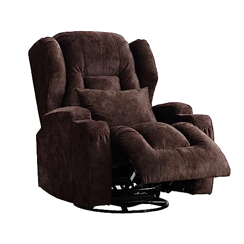 OBBOLLY Swivel Rocker Recliner Chair - Manual Glider Rocking Recliner Chair, Wingback Design 360° Swivel Lounge Chair with Lumbar Pillow, Cup Holders, Side Pockets for Living Room, Velvet, Brown