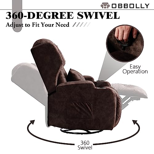 OBBOLLY Swivel Rocker Recliner Chair - Manual Glider Rocking Recliner Chair, Wingback Design 360° Swivel Lounge Chair with Lumbar Pillow, Cup Holders, Side Pockets for Living Room, Velvet, Brown