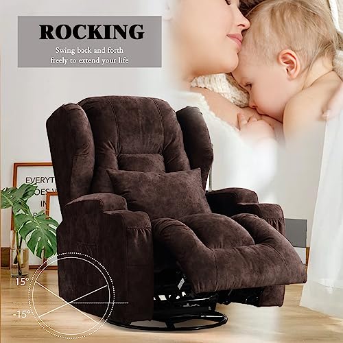 OBBOLLY Swivel Rocker Recliner Chair - Manual Glider Rocking Recliner Chair, Wingback Design 360° Swivel Lounge Chair with Lumbar Pillow, Cup Holders, Side Pockets for Living Room, Velvet, Brown