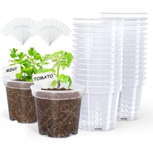homenote clear nursery pots for plants,4 inch seedling pots with drainage holes plant pot for planting flower indoor seed starter pots outdoor high transparency with bonus 20 plant labels (30 packs)
