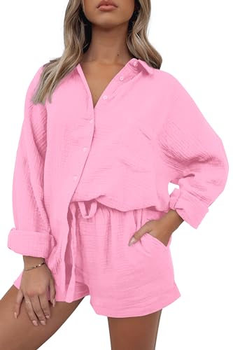 PRETTYGARDEN Women's 2 Piece Tracksuit Outfit Long Sleeve Blouse High Waisted Drawstring Shorts Loungewear Set (Pink,Medium)