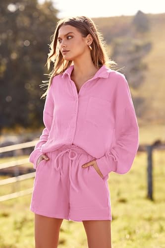 PRETTYGARDEN Women's 2 Piece Tracksuit Outfit Long Sleeve Blouse High Waisted Drawstring Shorts Loungewear Set (Pink,Medium)