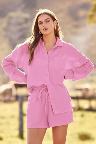 PRETTYGARDEN Women's 2 Piece Tracksuit Outfit Long Sleeve Blouse High Waisted Drawstring Shorts Loungewear Set (Pink,Medium)