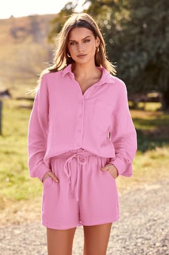 PRETTYGARDEN Women's 2 Piece Tracksuit Outfit Long Sleeve Blouse High Waisted Drawstring Shorts Loungewear Set (Pink,Medium)