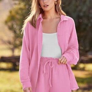 PRETTYGARDEN Women's 2 Piece Tracksuit Outfit Long Sleeve Blouse High Waisted Drawstring Shorts Loungewear Set (Pink,Medium)