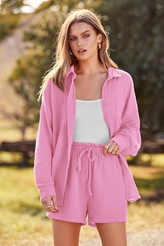 PRETTYGARDEN Women's 2 Piece Tracksuit Outfit Long Sleeve Blouse High Waisted Drawstring Shorts Loungewear Set (Pink,Medium)