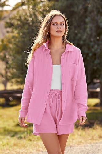 PRETTYGARDEN Women's 2 Piece Tracksuit Outfit Long Sleeve Blouse High Waisted Drawstring Shorts Loungewear Set (Pink,Medium)