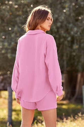 PRETTYGARDEN Women's 2 Piece Tracksuit Outfit Long Sleeve Blouse High Waisted Drawstring Shorts Loungewear Set (Pink,Medium)