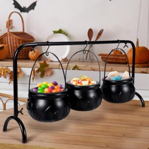 tanlade halloween witch cauldron, 3 pcs candy serving bowl on rack with 3 black plastic cauldron bowls, spooky candy bucket punch bowls for halloween party table home decoration(black)