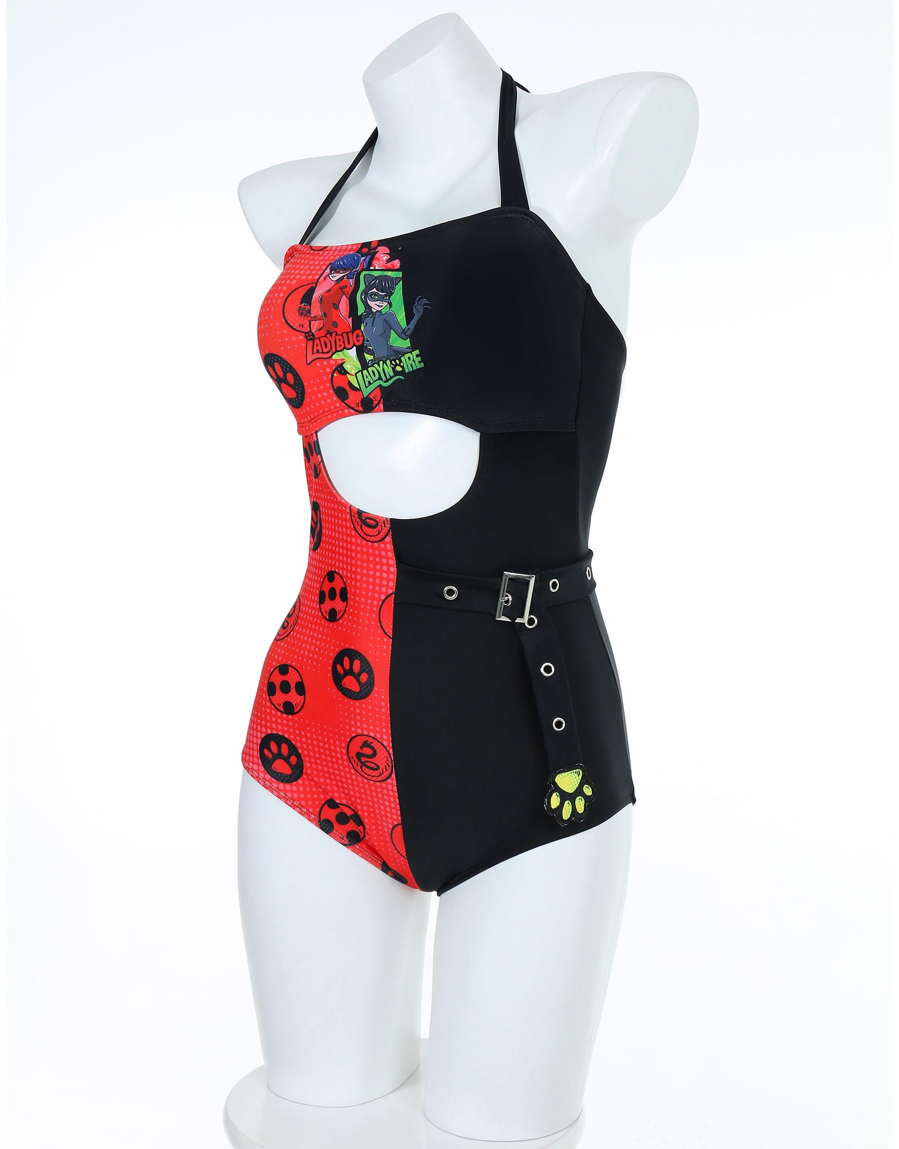 Miraculous Women's Ladybug and Lady Noir Beach Halter One Piece Swimsuit Bathing Suit (as1, Alpha, x_l, Regular, Regular, Black and Red)