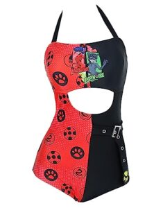 miraculous women's ladybug and lady noir beach halter one piece swimsuit bathing suit (as1, alpha, m, regular, regular, black and red)