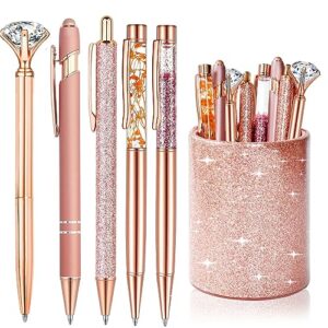 8 pcs rose gold ballpoint pen with pen holder, office supplies set glitter pen metal ballpoint pens crystal diamond pen black ink desk organizer for women girls rose gold desk accessories gifts