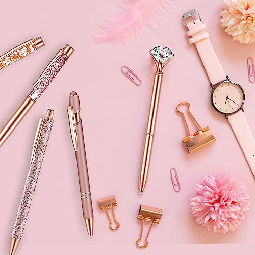 8 Pcs Rose Gold Ballpoint Pen with Pen Holder, Office Supplies Set Glitter Pen Metal Ballpoint Pens Crystal Diamond Pen Black Ink Desk Organizer for Women Girls Rose Gold Desk Accessories Gifts