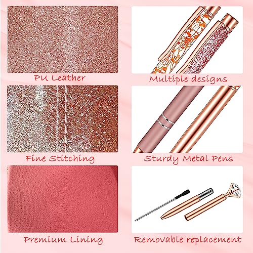 8 Pcs Rose Gold Ballpoint Pen with Pen Holder, Office Supplies Set Glitter Pen Metal Ballpoint Pens Crystal Diamond Pen Black Ink Desk Organizer for Women Girls Rose Gold Desk Accessories Gifts