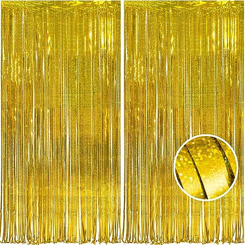 MALANKU 2 Pack Gold Fringe Curtain Backdrop Party Decorations - 3.3 x 8.2ft Gold Foil Curtain Tinsel Backdrop Photo Backdrops for Birthday New Year Graduation Bachelorette Retirement Party Decorations