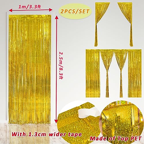 MALANKU 2 Pack Gold Fringe Curtain Backdrop Party Decorations - 3.3 x 8.2ft Gold Foil Curtain Tinsel Backdrop Photo Backdrops for Birthday New Year Graduation Bachelorette Retirement Party Decorations