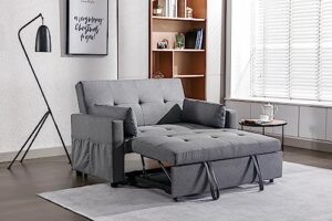 polibi 55.1" modern 3-in-1 convertible sleeper sofa bed w/side pockets, linen upholstered pull out sofa bed couch with 3 adjustable angle backrest and two throw pillows (dark grey)