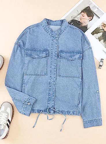 Dokotoo Jean Jackets for Women Cropped Jackets Fashion Spring Fall 2023 Casual Long Sleeve Utility Cargo Denim Jacket Button Down Trucker Shacket Jackets Coat with Pockets Sky Blue Medium