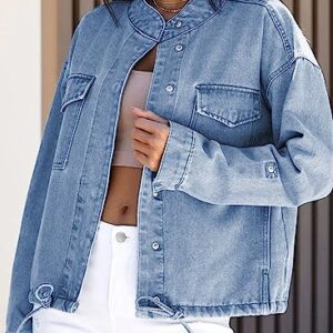 Dokotoo Jean Jackets for Women Cropped Jackets Fashion Spring Fall 2023 Casual Long Sleeve Utility Cargo Denim Jacket Button Down Trucker Shacket Jackets Coat with Pockets Sky Blue Medium