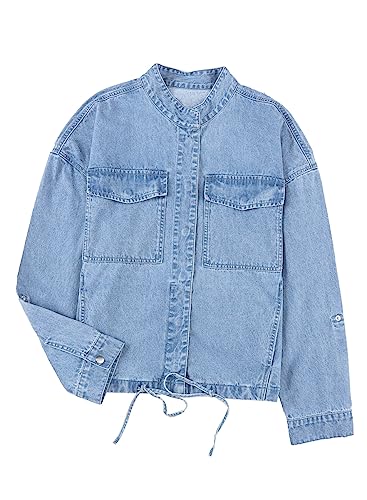 Dokotoo Jean Jackets for Women Cropped Jackets Fashion Spring Fall 2023 Casual Long Sleeve Utility Cargo Denim Jacket Button Down Trucker Shacket Jackets Coat with Pockets Sky Blue Medium