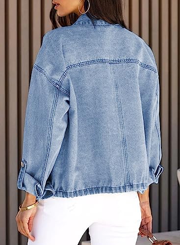 Dokotoo Jean Jackets for Women Cropped Jackets Fashion Spring Fall 2023 Casual Long Sleeve Utility Cargo Denim Jacket Button Down Trucker Shacket Jackets Coat with Pockets Sky Blue Medium